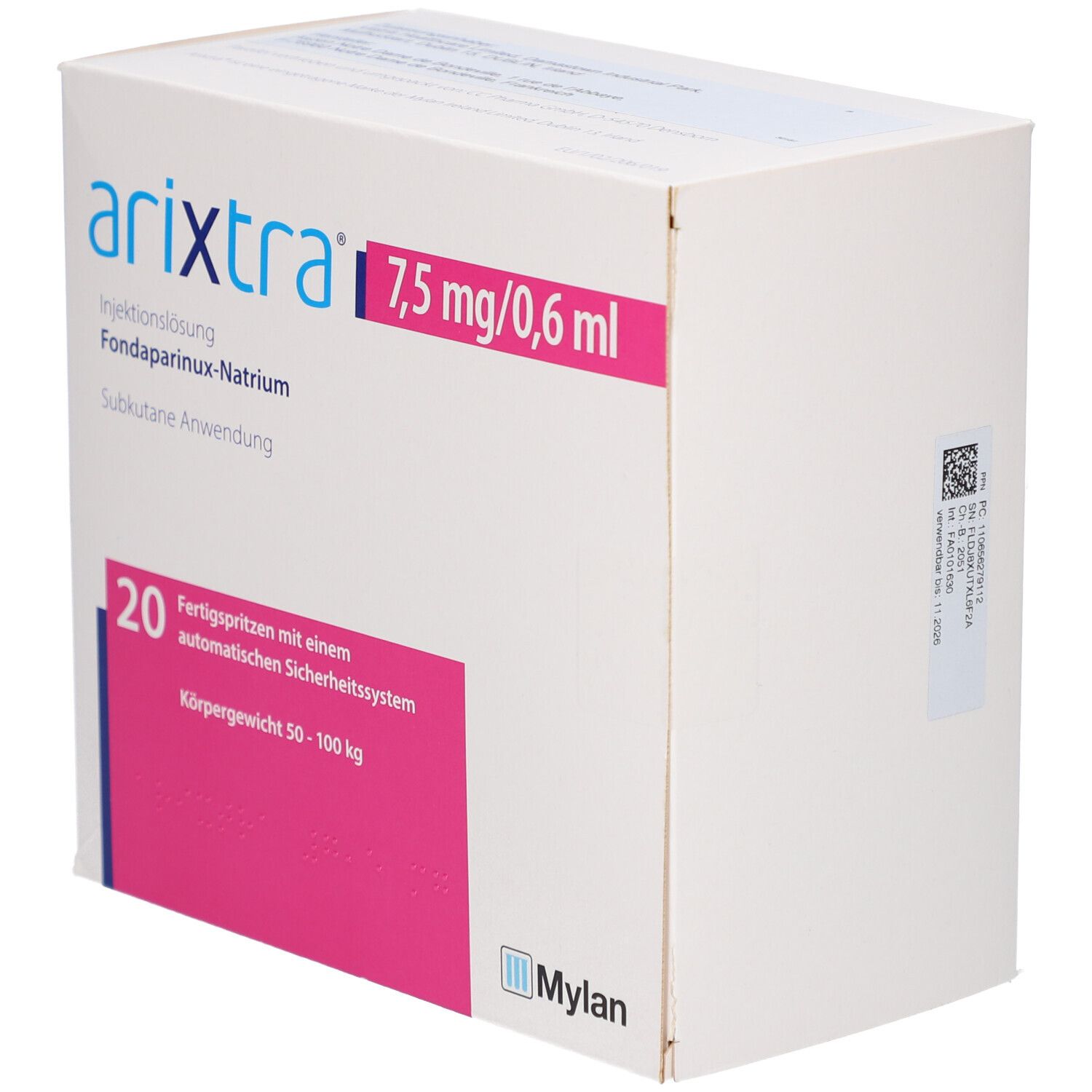 Arixtra 7,5 mg/0,6 ml. Verpackung mit Text: Injektionslösung, Fondaparinux-Natrium, subkutane Anwendung. Barcode.