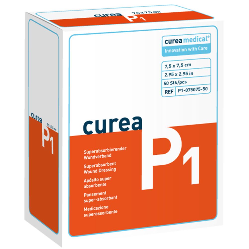 Verpackung von curea P1 Wundverband. Weiß, orange und blau. Enthält 50 Stück. Maße: 7,5 x 7,5 cm.