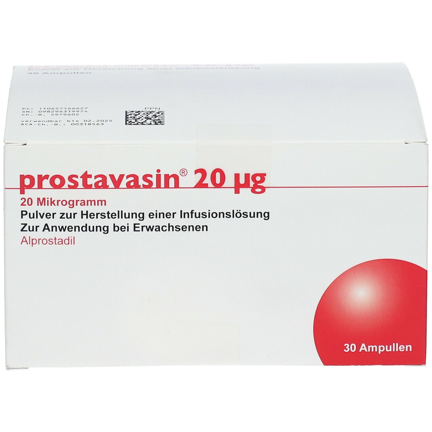 PROSTAVASIN 20 µg, Pulver zur Herstellung einer Infusionslösung. Weiße Faltschachtel mit rotem Kreis und 30 Ampullen.