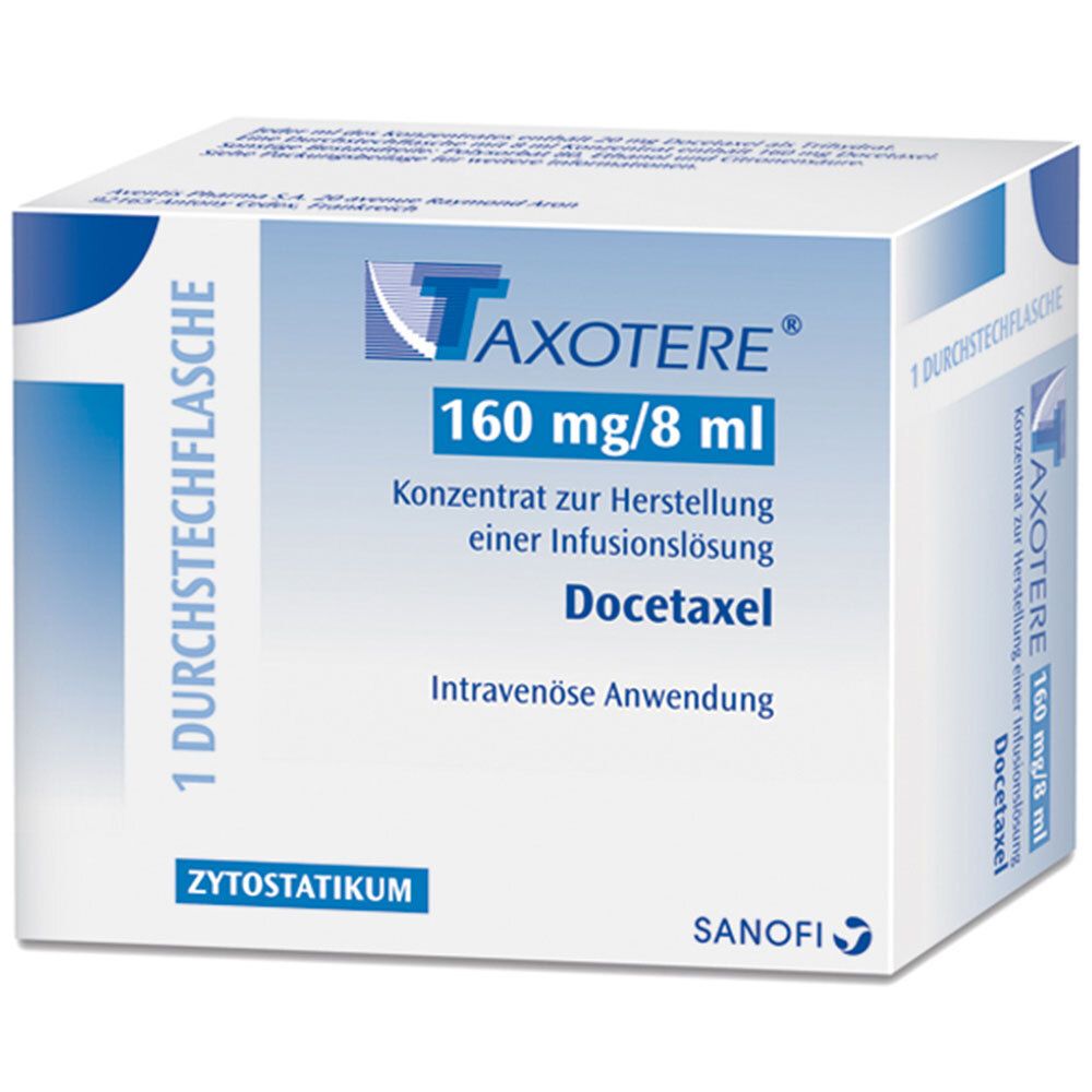 Karton mit Aufschrift TAXOTERE 160 mg/8 ml, Docetaxel, zur intravenösen Anwendung. Enthält 1 Durchstechflasche. Sanofi Logo.