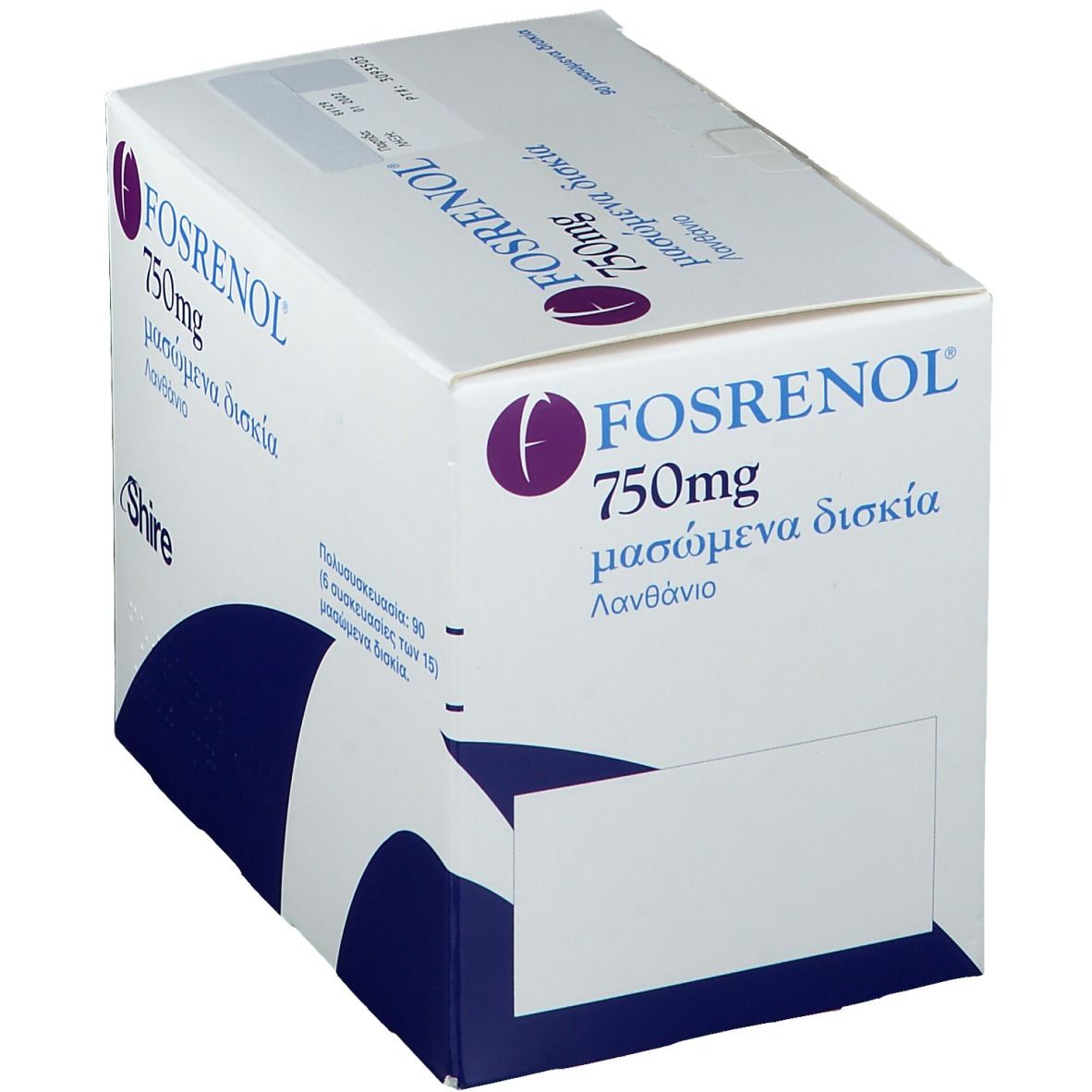 FOSRENOL 750 mg Kautabletten-Verpackung. Weißer Karton mit lila Logo und Schriftzug. Enthält 90 Kautabletten.