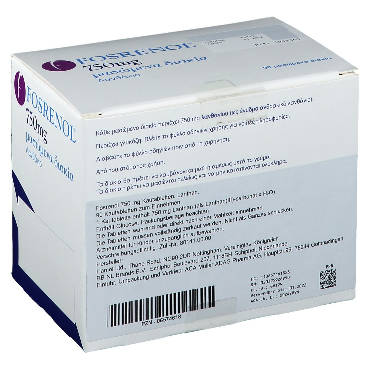 FOSRENOL 750 mg Kautabletten-Verpackung. Rückseite mit Text. Enthält 90 Kautabletten. Herstellerinformationen.