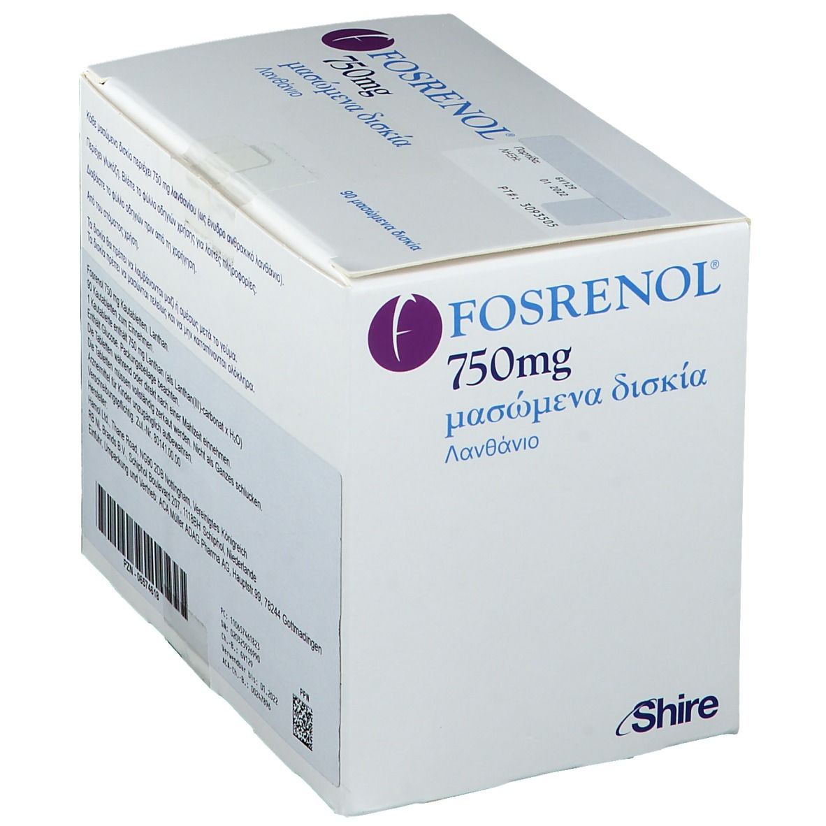 FOSRENOL 750 mg Kautabletten-Verpackung. Weißer Karton mit lila Logo und Schriftzug. Enthält 90 Kautabletten.