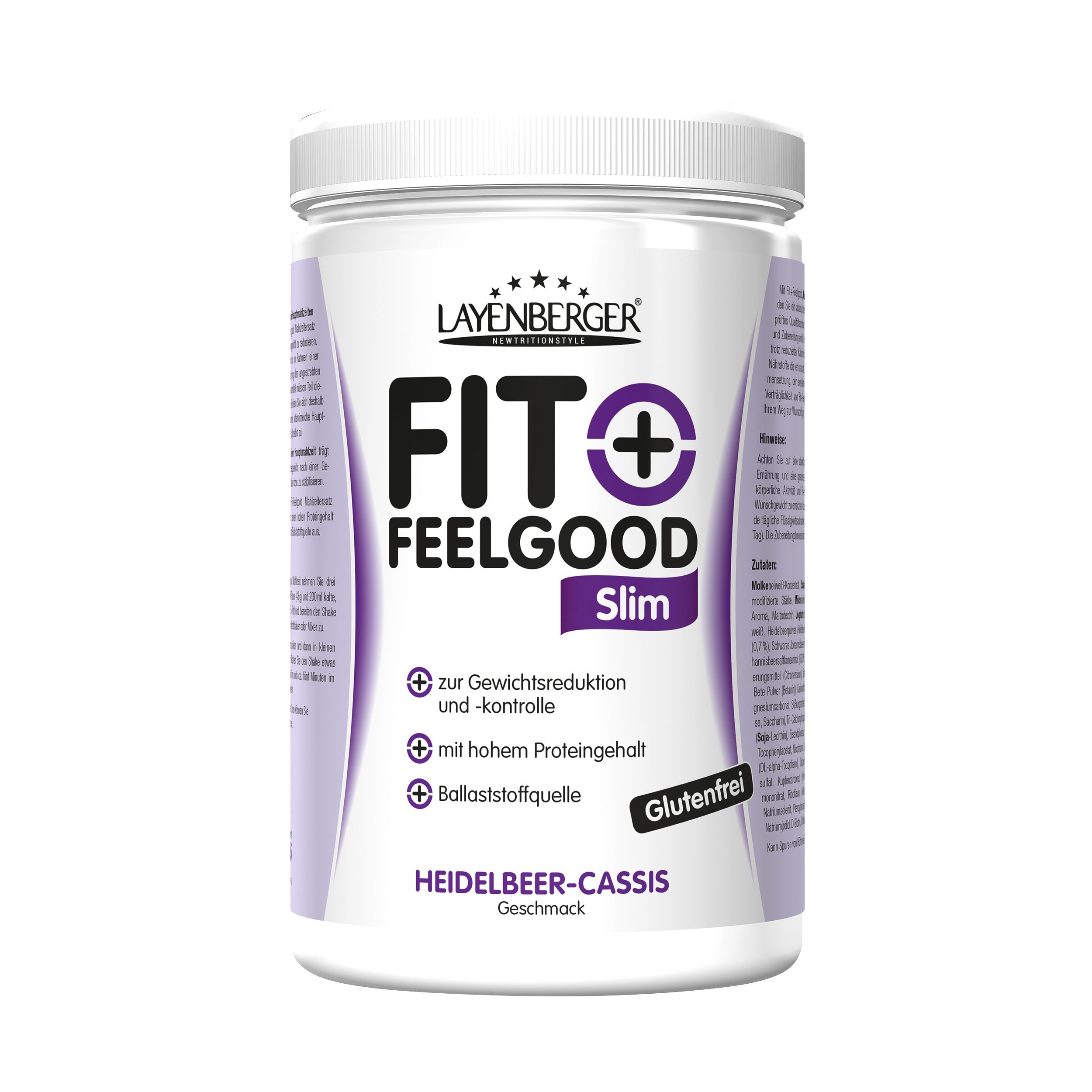 Weißes Produktglas mit Deckel. Aufschrift: FIT + FEELGOOD Slim, Heidelbeer-Cassis Geschmack. Glutenfrei.