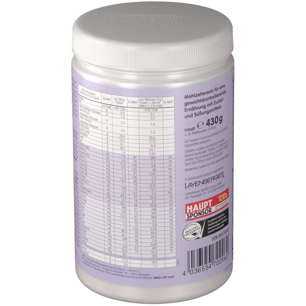 Produktbehälter mit Nährwerttabelle und Text. Aufschrift: 430g. Hauptsponsor-Logo.