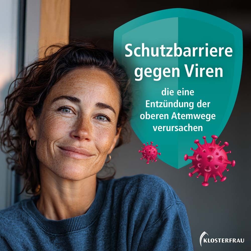 Frau lächelt. Schild mit Text: Schutzbarriere gegen Viren, die eine Entzündung der oberen Atemwege verursachen. Rote Viren.