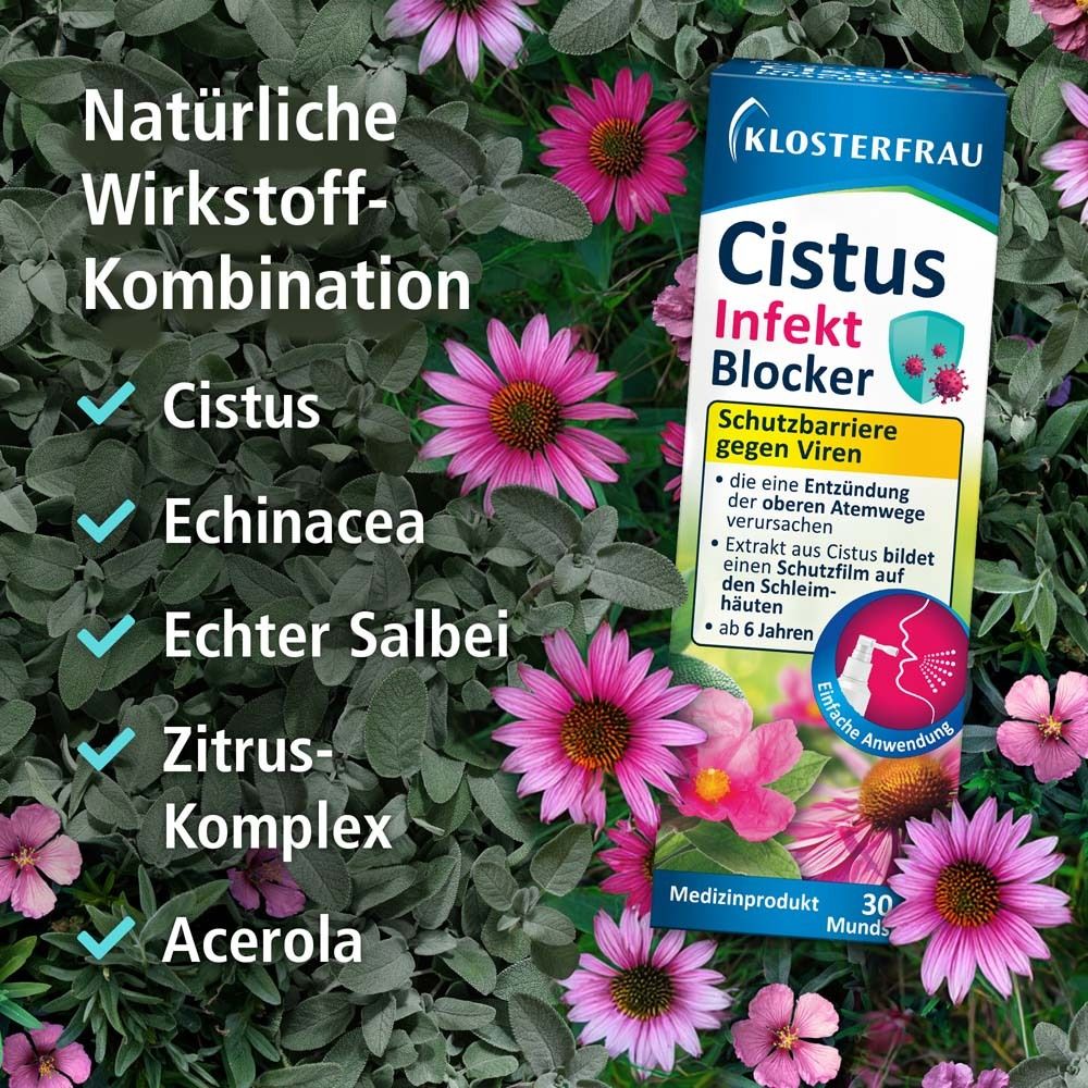 Natürliche Wirkstoff-Kombination: Cistus, Echinacea, Echter Salbei, Zitrus-Komplex, Acerola. Cistus Infekt Blocker. Verpackung.