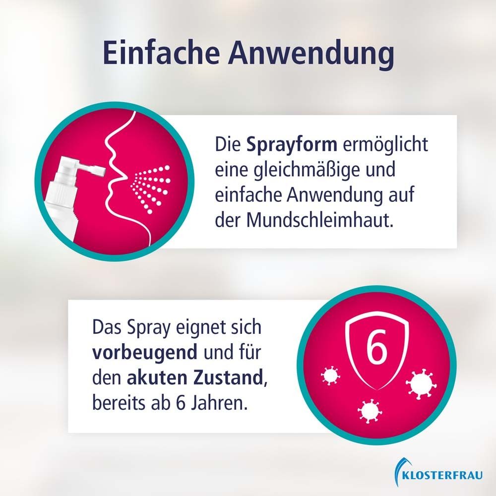 Einfache Anwendung. Sprayform für gleichmäßige Anwendung auf der Mundschleimhaut. Geeignet ab 6 Jahren. Vorbeugend und für akuten Zustand.