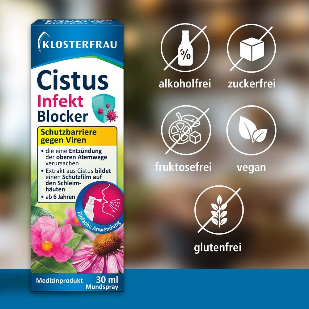 Cistus Infekt Blocker. Verpackung. Frei von Alkohol, Zucker, Fruktose, Gluten und vegan.