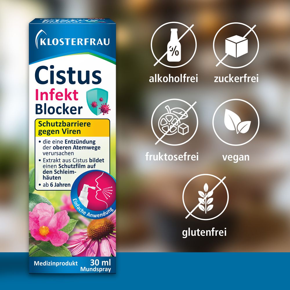 Klosterfrau Cistus Infekt Blocker Spray mit Symbolen für alkoholfrei, zuckerfrei, fruktosefrei, vegan und glutenfrei.