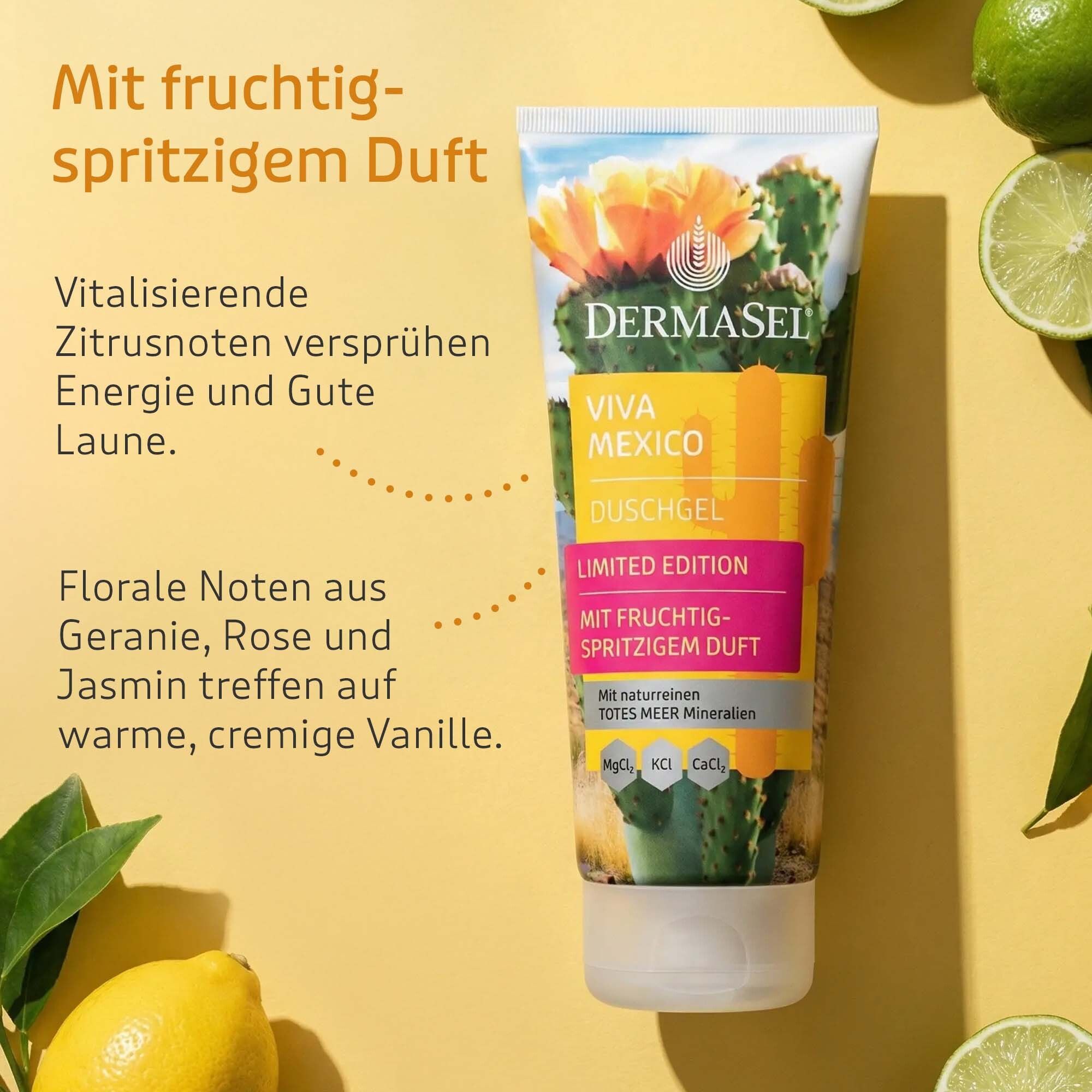 Rückseite der Duschgel-Tube. Text mit Inhaltsstoffen und Informationen. 100 ml. Dermatologisch getestet.