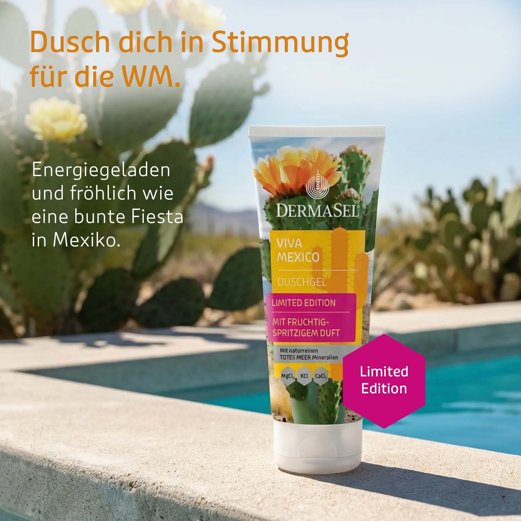Duschgel-Tube mit Landschaftsmotiv. Text: Mit frisch-belebendem Duft. Dynamische Duftkomposition. Mit maritimen Noten.