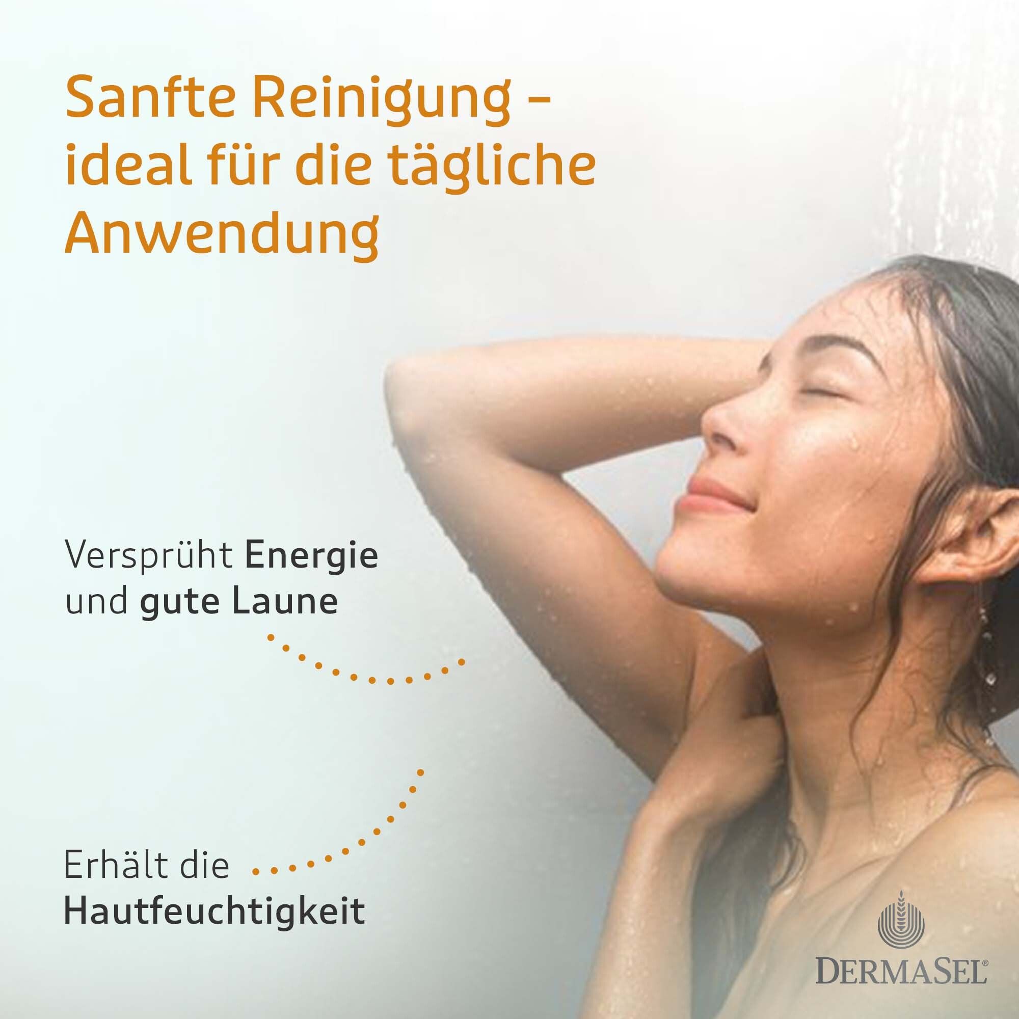 Türkisfarbener Gel-Tropfen. Text: Sanft reinigend mit intensivem Dufterlebnis. Erhält die Feuchtigkeit.