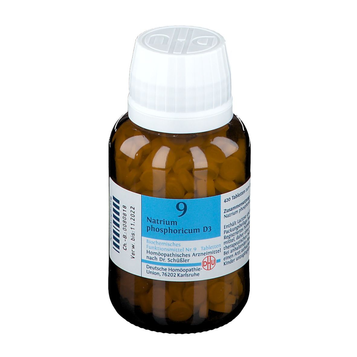 Braune Tabletten in einer braunen Glasflasche mit weißem Deckel. Etikett mit Produktinformationen.