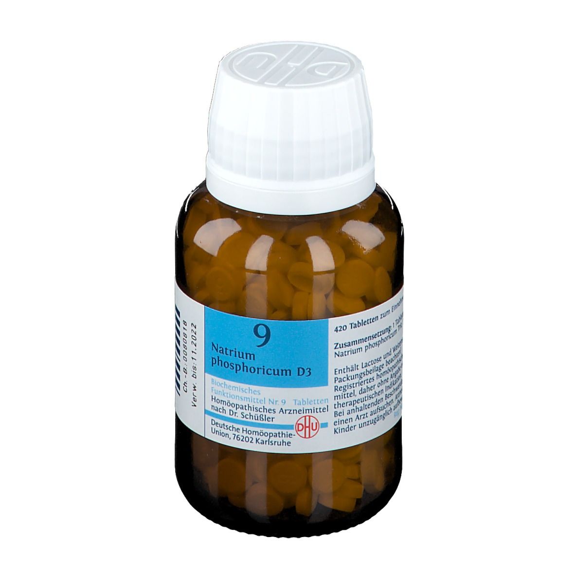 Braune Tabletten in einer braunen Glasflasche mit weißem Deckel. Etikett mit Produktinformationen.