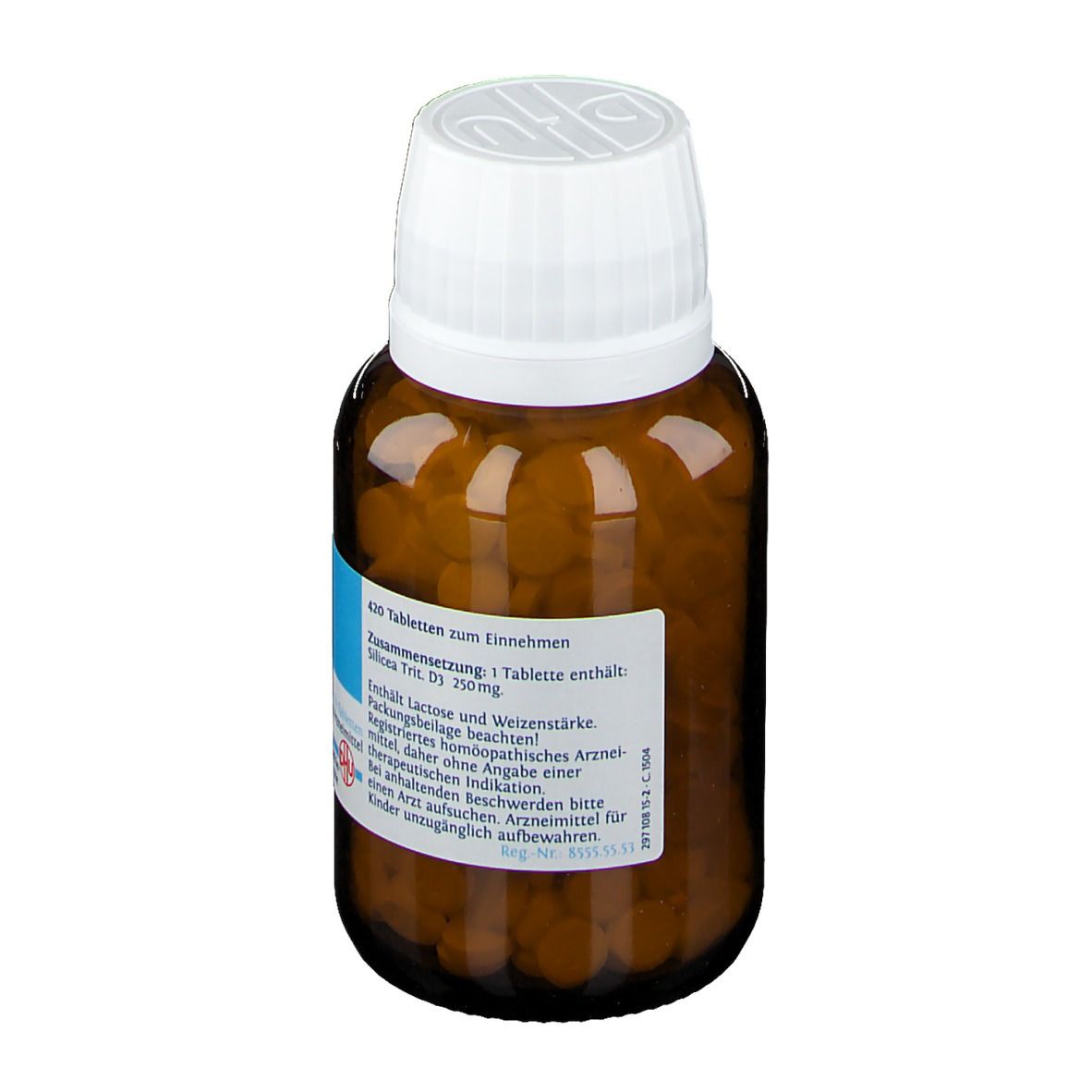 Braune Glasflasche mit weißem Deckel. Etikett mit Produktinformationen. Enthält Tabletten. Apothekenpflichtig.