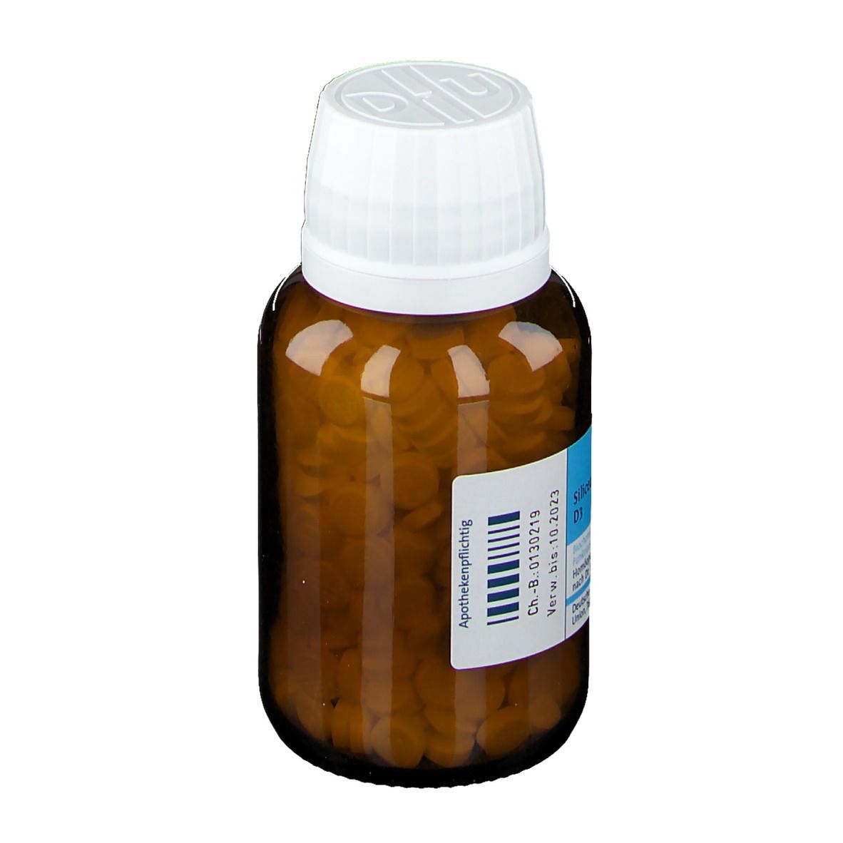 Braune Glasflasche mit weißem Deckel. Etikett mit Produktinformationen. Apothekenpflichtig.