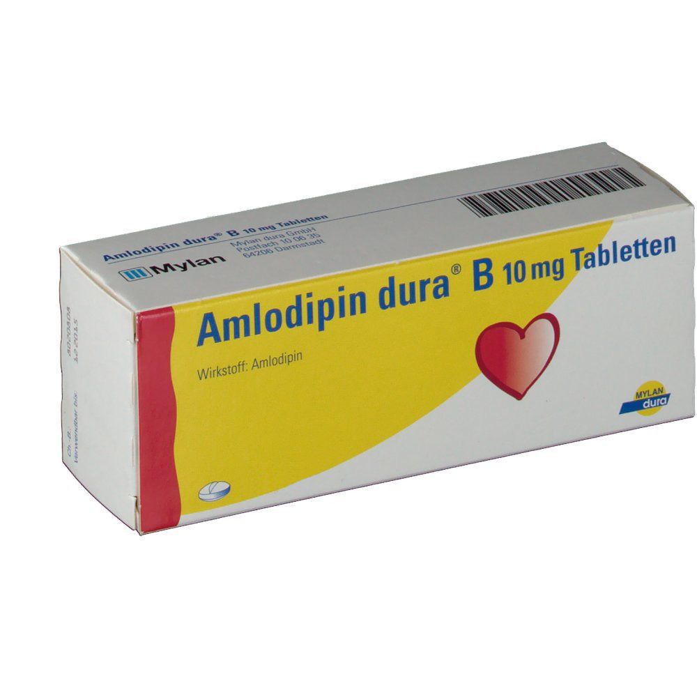 Schachtel mit "Amlodipin dura B 10 mg Tabletten". Gelb-weißes Design mit rotem Herz. Mylan-Logo.