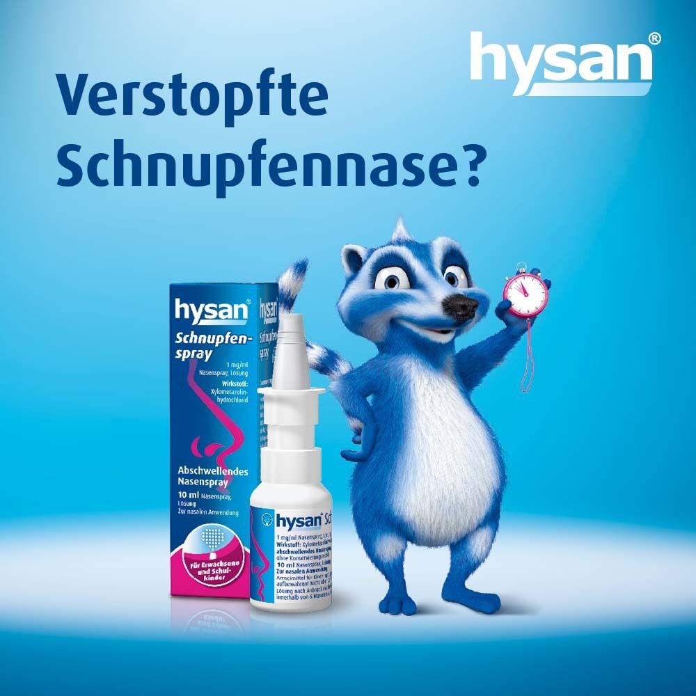Blaues Bild mit einem Waschbär, der eine Stoppuhr hält, und einer Packung Hysan Schnupfenspray.