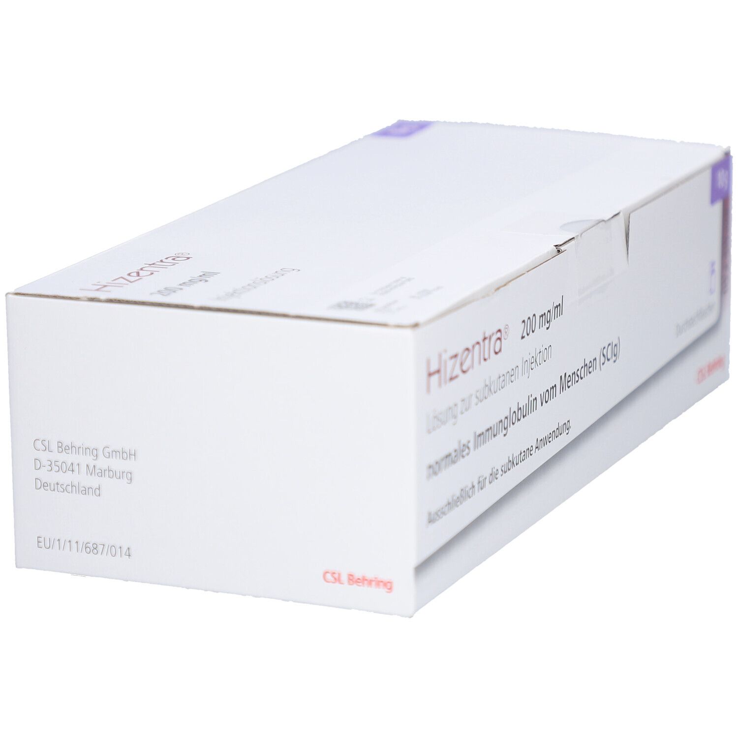 Weiße Produktverpackung mit Aufschrift HIZENTRA 200 mg/ml. CSL Behring GmbH, Marburg, Deutschland.