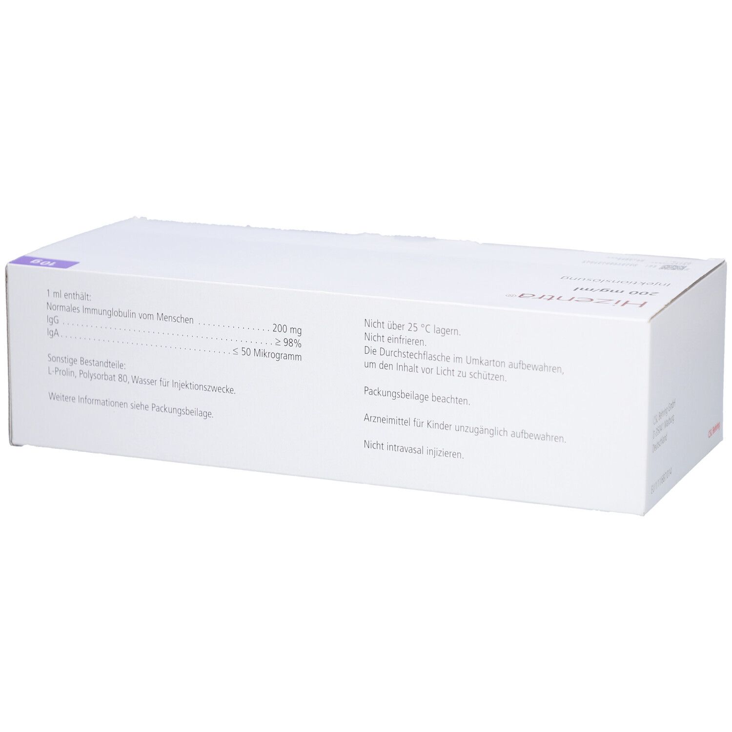 Weiße Produktverpackung mit Informationen. Enthält Informationen zu Inhaltsstoffen und Lagerung. Nicht über 25°C lagern.