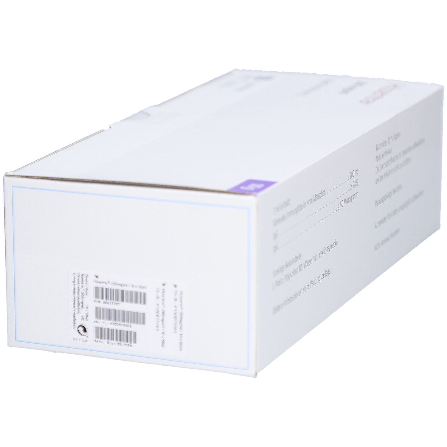 Weiße Produktverpackung mit Informationen. Enthält Informationen zu Inhaltsstoffen und Chargennummer. Barcode.