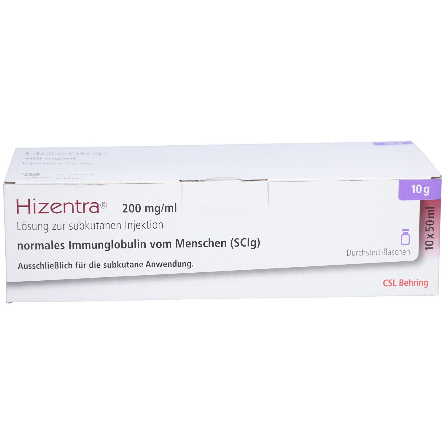 Weiße Produktverpackung mit Aufschrift HIZENTRA 200 mg/ml. Enthält 10 x 50 ml Durchstechflaschen. CSL Behring.
