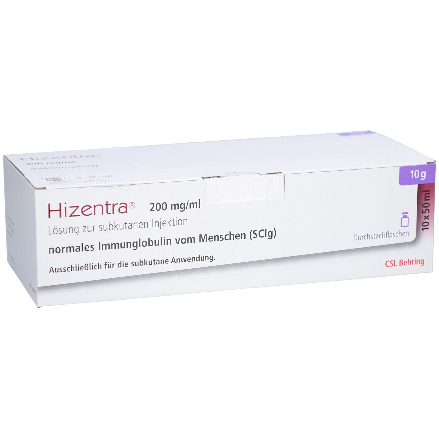 Weiße Produktverpackung mit Aufschrift HIZENTRA 200 mg/ml. Enthält 10 x 50 ml Durchstechflaschen. CSL Behring.