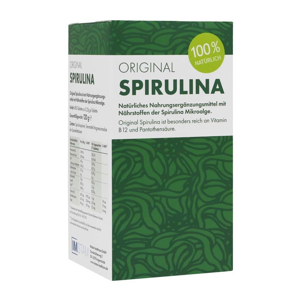 Grüne Schachtel mit "ORIGINAL SPIRULINA" Aufschrift. 100% natürlich. Text und Nährwertangaben.