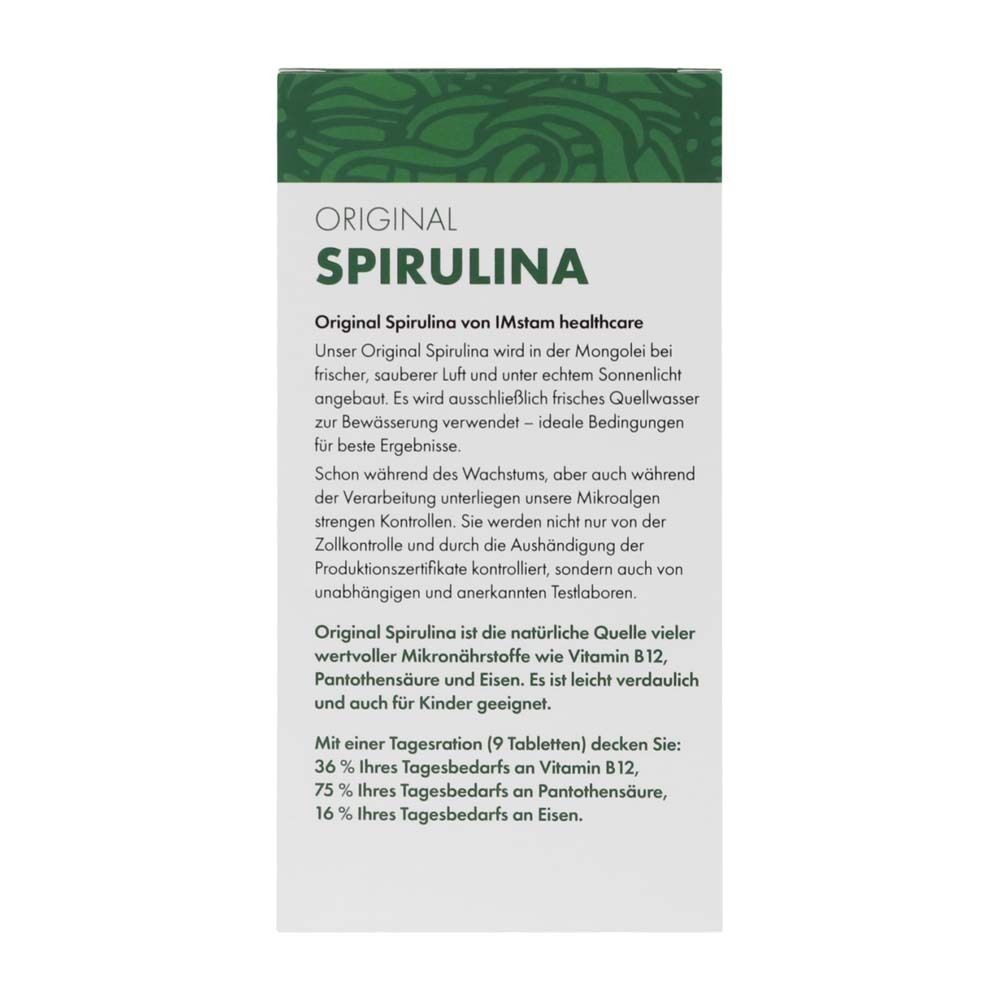 Rückseite der "ORIGINAL SPIRULINA" Verpackung. Text über die Herstellung und Inhaltsstoffe.