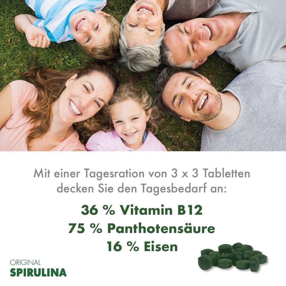 Menschen liegen im Gras. Text: 36% Vitamin B12, 75% Pantothensäure, 16% Eisen. "ORIGINAL SPIRULINA".