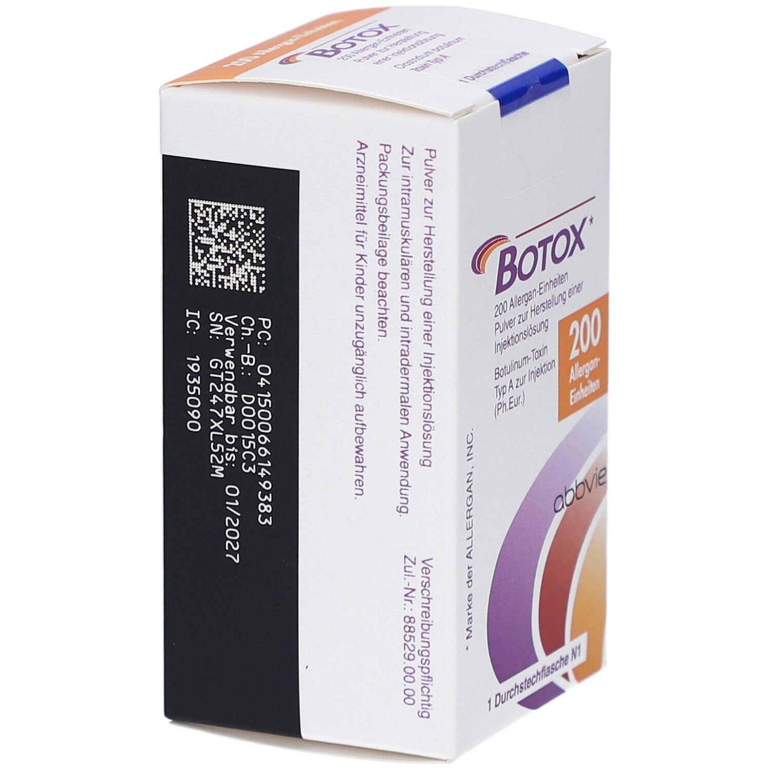 Botox-Verpackung. Text: Pulver zur Herstellung einer Injektionslösung. 200 Allergan-Einheiten. Barcode und Verfallsdatum.