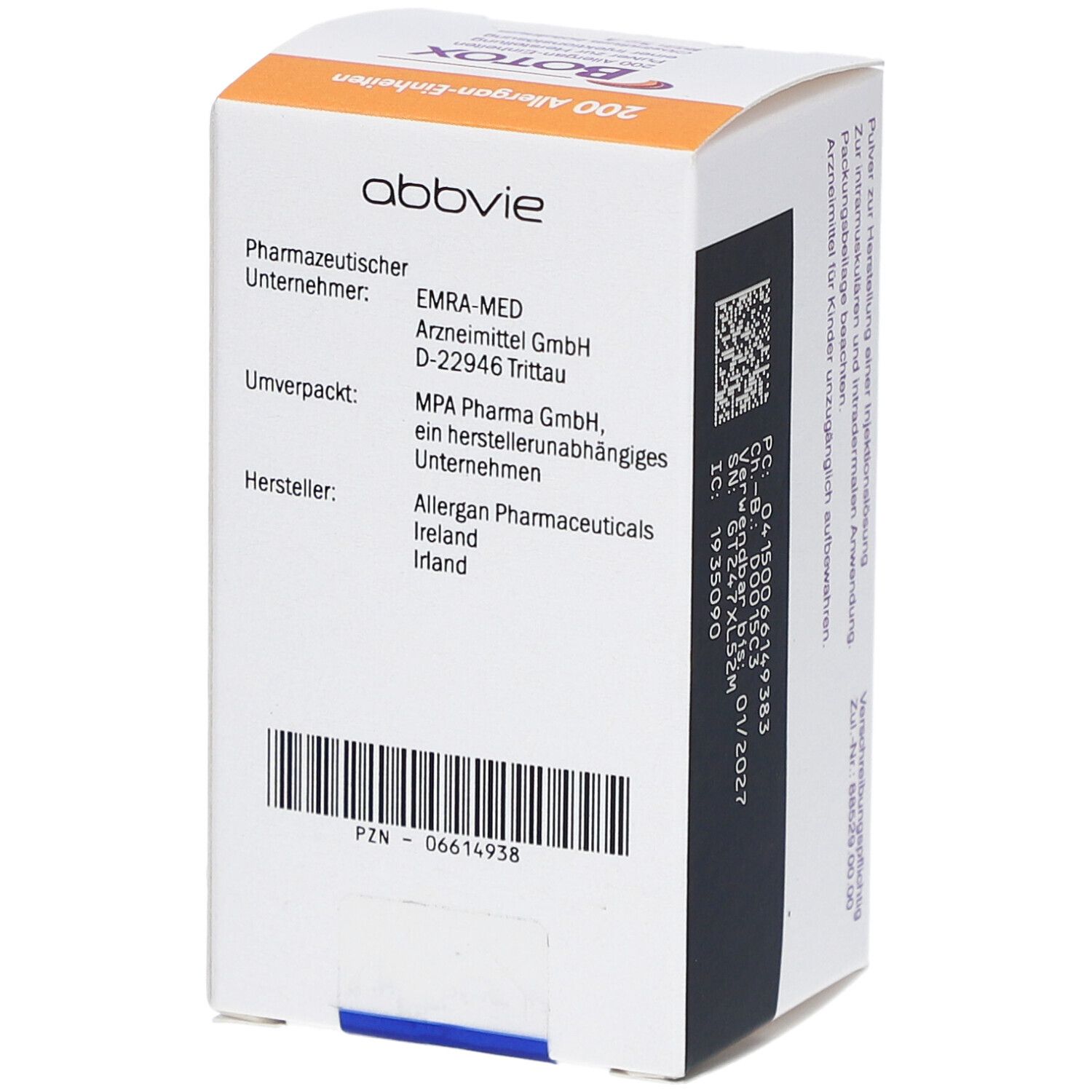 Botox-Verpackung. Rückseite mit Herstellerinformationen: Allergan Pharmaceuticals, Irland. Abbvie-Logo. PZN-Nummer.