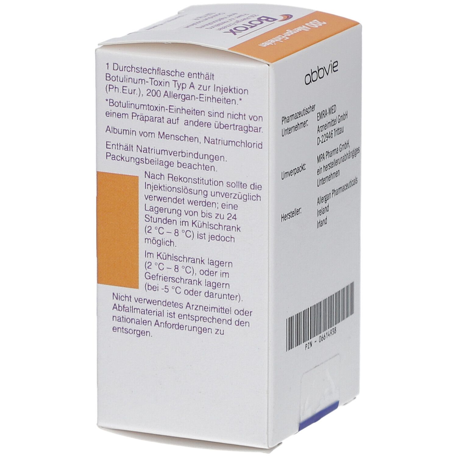 Botox-Verpackung. Text: 200 Allergan-Einheiten. Lagerungshinweise. Herstellerinformationen. Abbvie-Logo.
