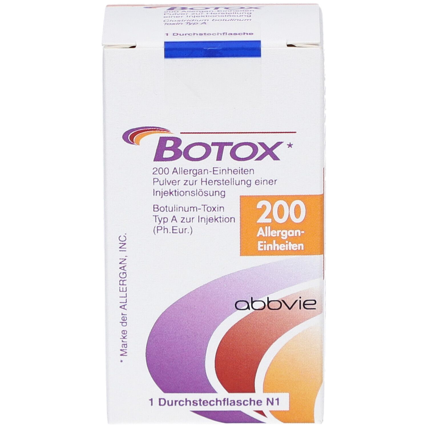 Botox-Verpackung. Vorderseite mit Produktnamen, Dosierung und Logo. 200 Allergan-Einheiten. Abbvie-Logo.