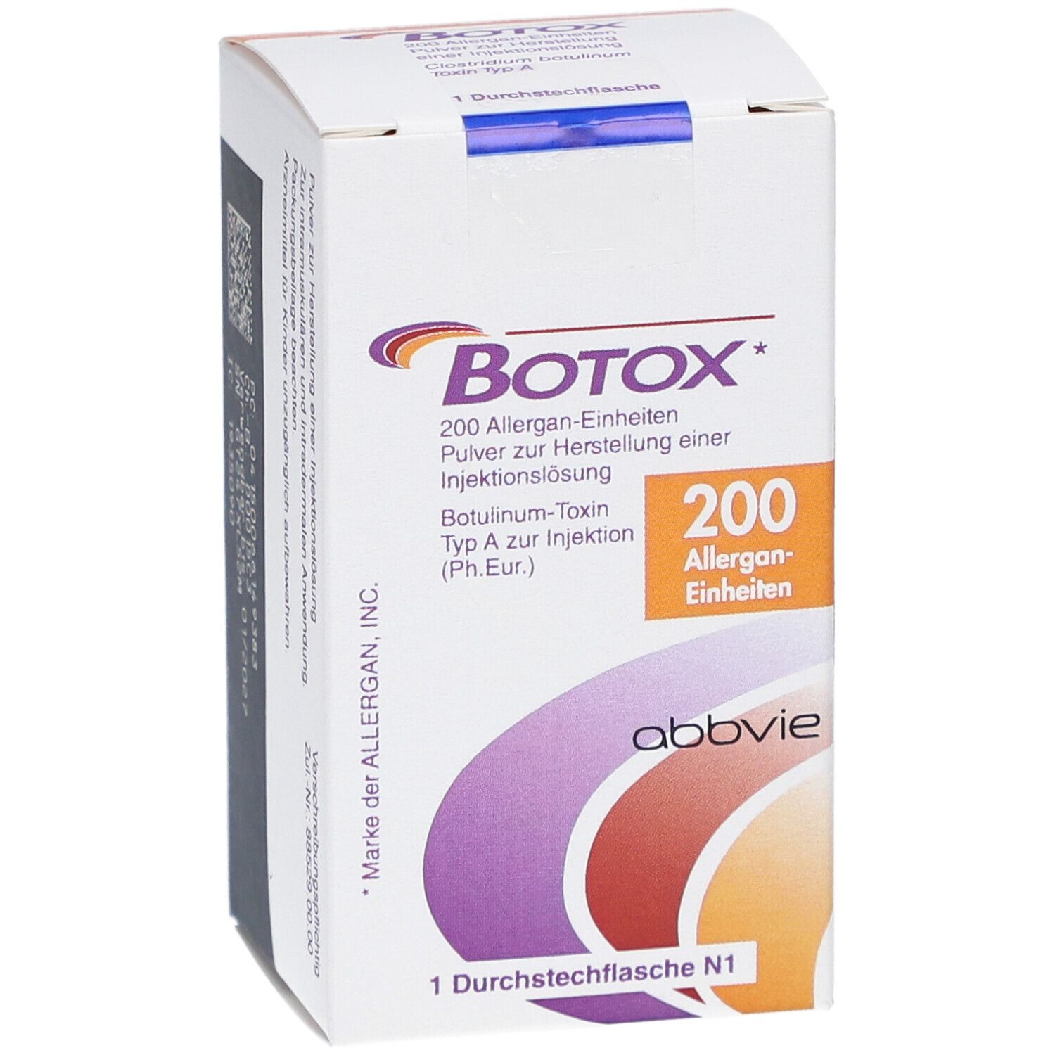 Botox-Verpackung. Vorderseite mit Produktnamen, Dosierung und Logo. 200 Allergan-Einheiten. Abbvie-Logo.