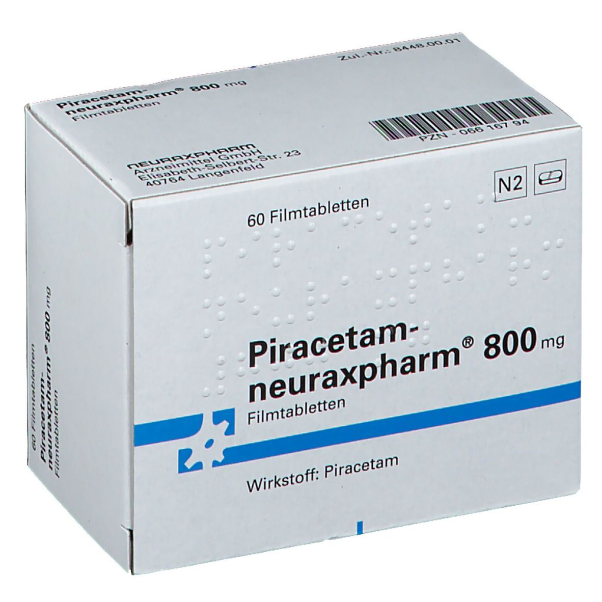Schachtel mit Piracetam-neuraxpharm 800 mg Filmtabletten. Aufschrift: 60 Filmtabletten. Marke und Dosierung deutlich sichtbar.