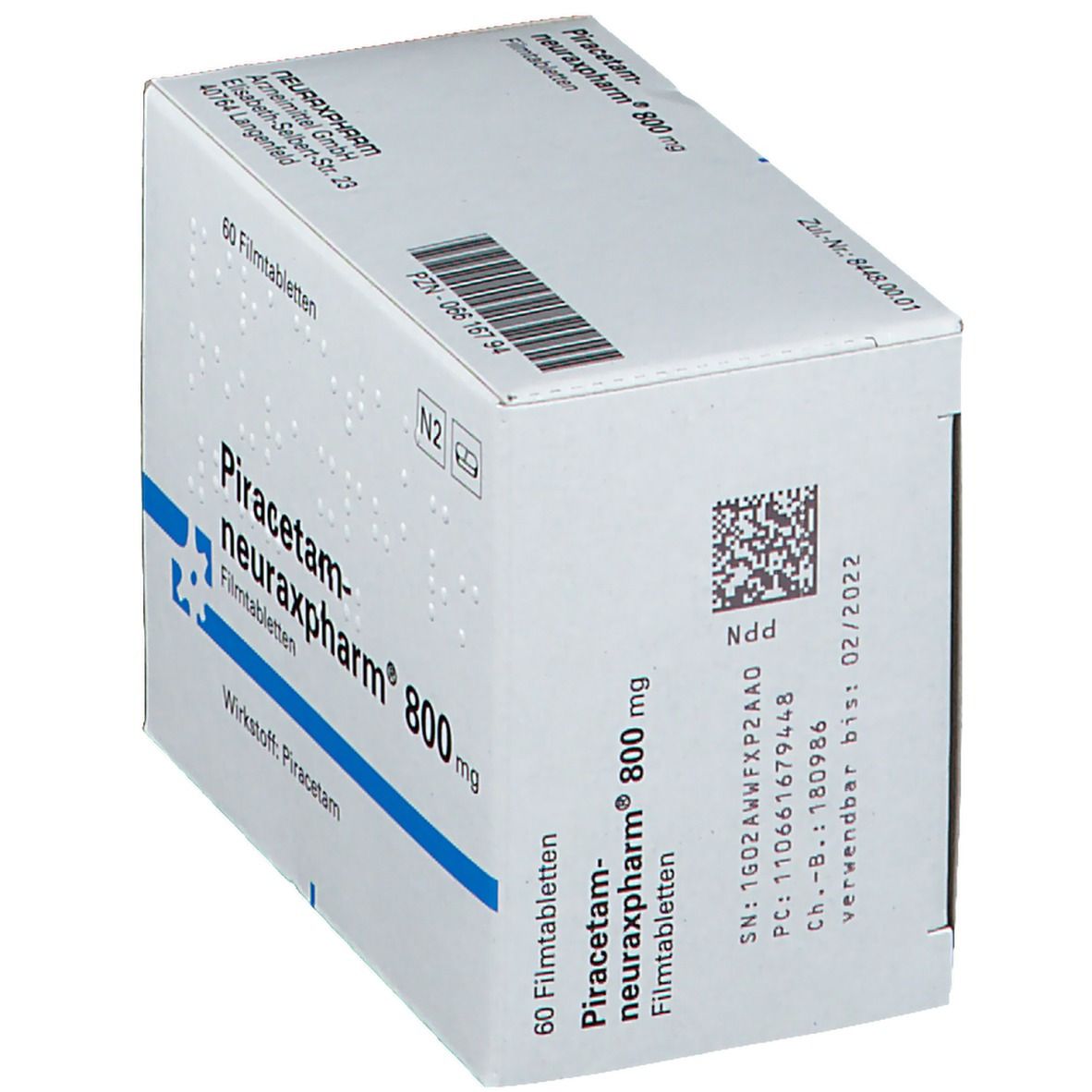 Schachtel mit Piracetam-neuraxpharm 800 mg Filmtabletten. Aufschrift: 60 Filmtabletten. QR-Code und Verfallsdatum.