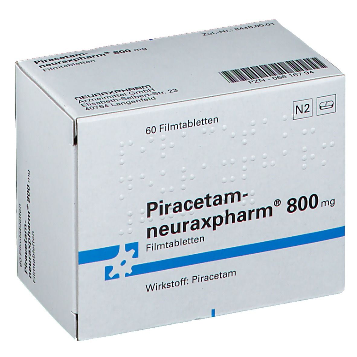 Schachtel mit Piracetam-neuraxpharm 800 mg Filmtabletten. Aufschrift: 60 Filmtabletten. Marke und Dosierung deutlich sichtbar.