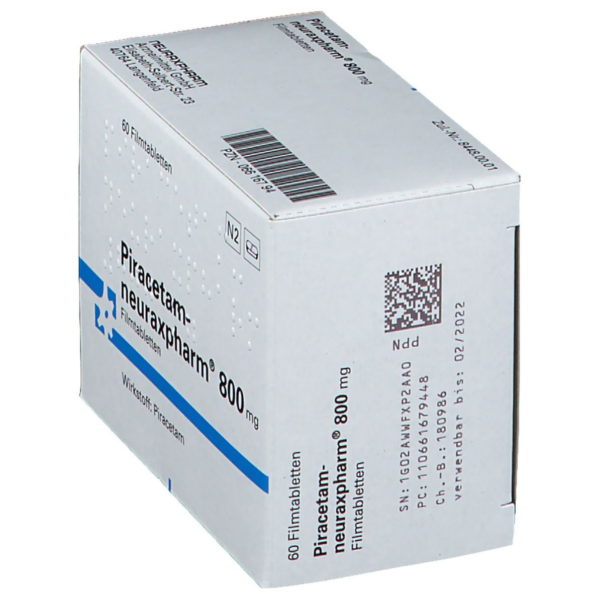 Schachtel mit Piracetam-neuraxpharm 800 mg Filmtabletten. Aufschrift: 60 Filmtabletten. QR-Code und Verfallsdatum.