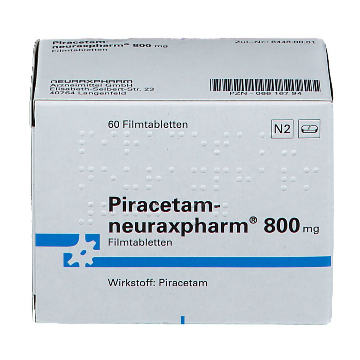 Schachtel mit Piracetam-neuraxpharm 800 mg Filmtabletten. Aufschrift: 60 Filmtabletten. Marke und Dosierung deutlich sichtbar.