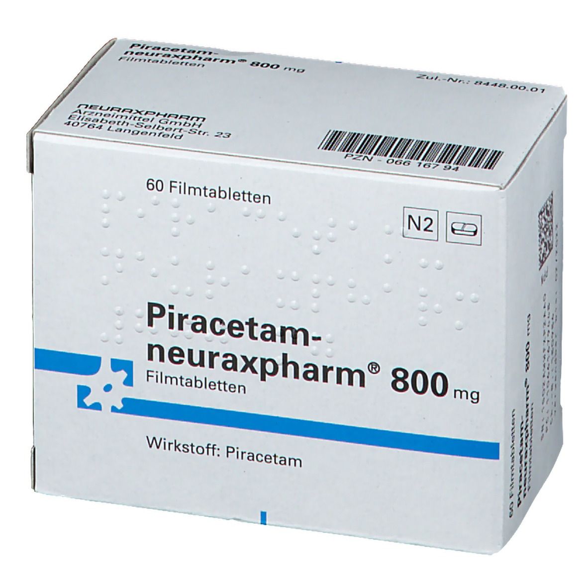 Schachtel mit Piracetam-neuraxpharm 800 mg Filmtabletten. Aufschrift: 60 Filmtabletten. Marke und Dosierung deutlich sichtbar.