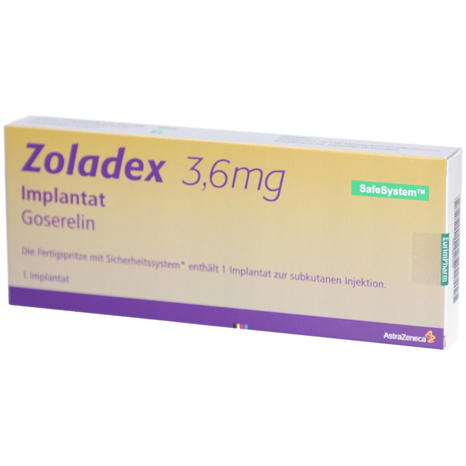 Zoladex 3,6mg-Verpackung. Gelb-weißes Rechteck mit Produktnamen, Implantation und Goserelin. Enthält 1 Implantat.