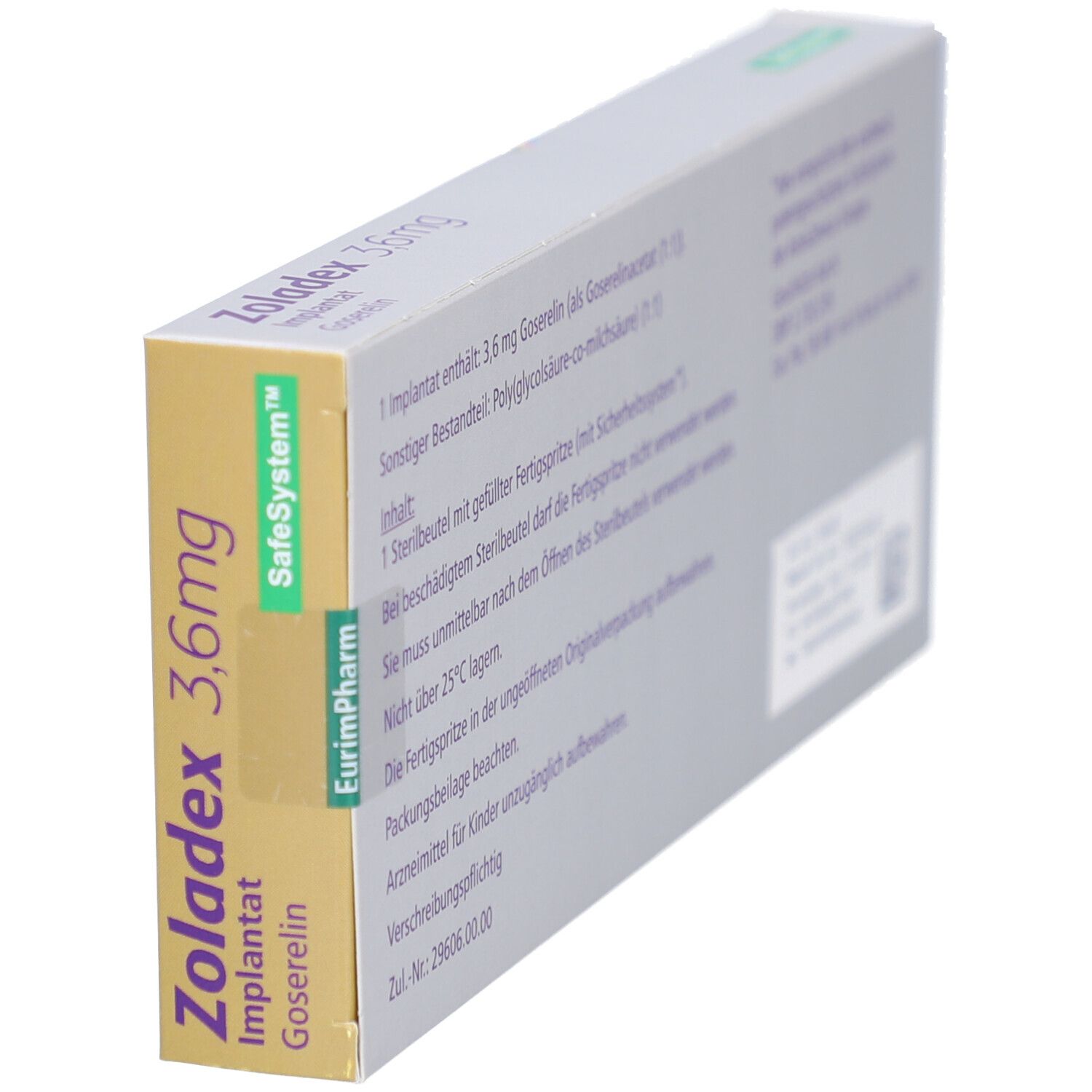 Zoladex 3,6mg-Verpackung, schräg. Gelb-weißes Rechteck mit Produktnamen, Implantation und Goserelin. SafeSystem-Logo.