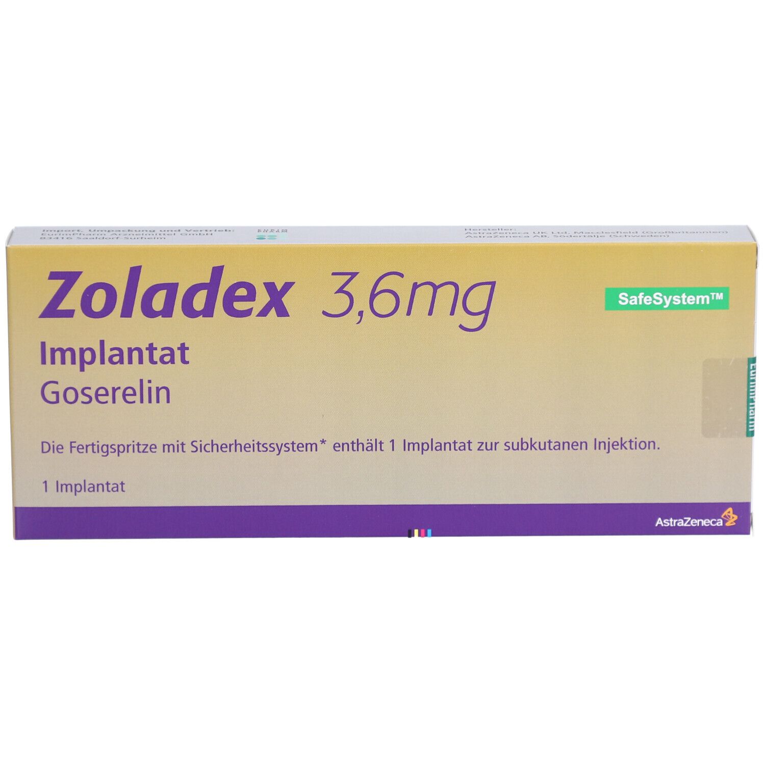 Zoladex 3,6mg-Verpackung. Gelb-weißes Rechteck mit Produktnamen, Implantation und Goserelin. Enthält 1 Implantat.