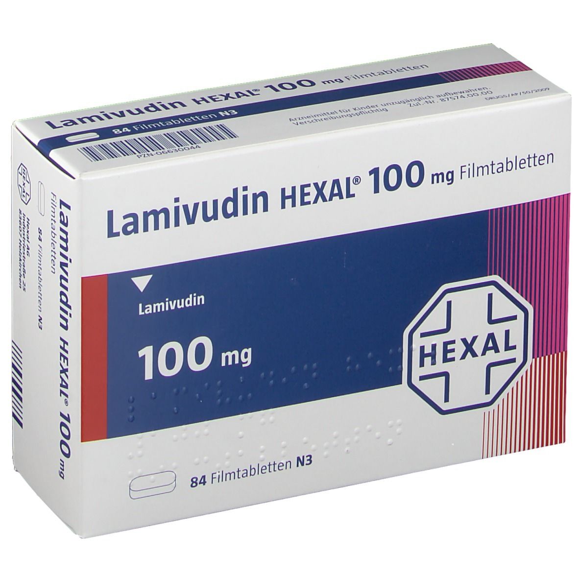 Schachtel mit Lamivudin HEXAL 100 mg Filmtabletten. Weiß, blau und rot. Aufschrift: Lamivudin HEXAL 100 mg Filmtabletten, HEXAL Logo, 84 Filmtabletten N3.