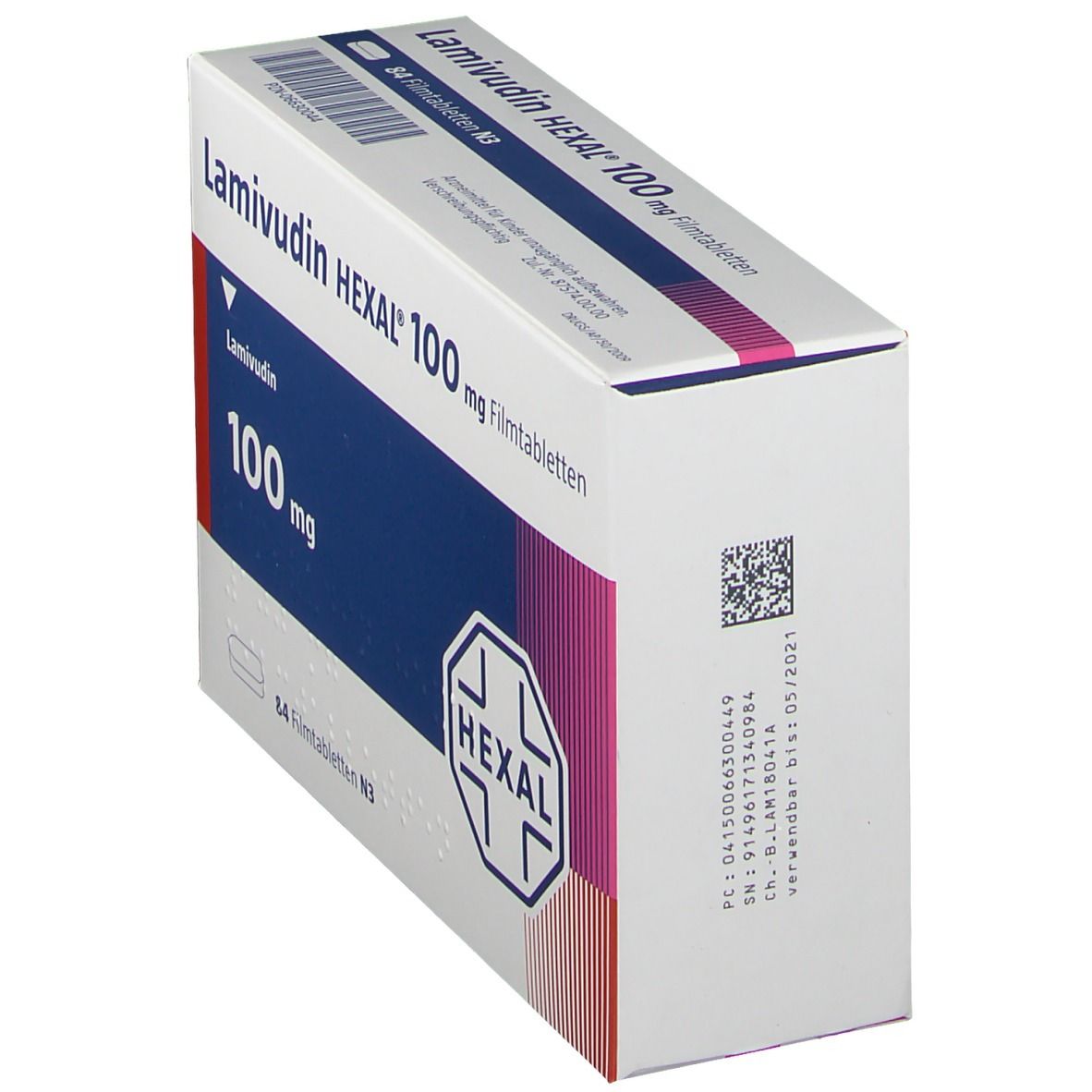 Schachtel mit Lamivudin HEXAL 100 mg Filmtabletten. Weiß, blau und rot. Aufschrift: Lamivudin HEXAL 100 mg Filmtabletten, HEXAL Logo, 84 Filmtabletten N3.