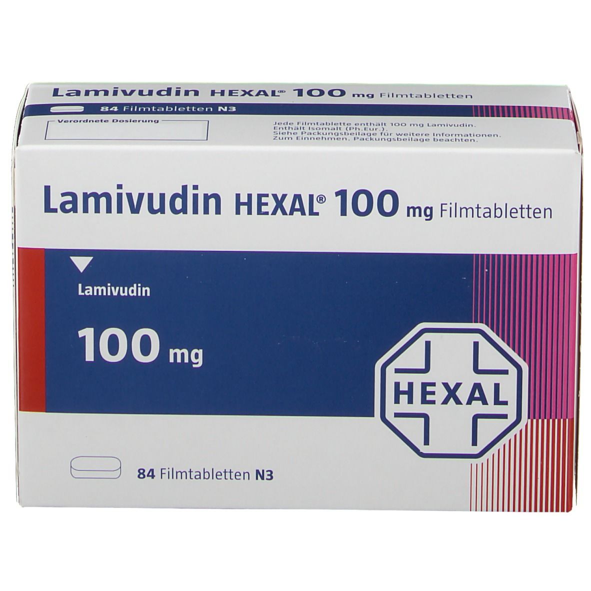 Schachtel mit Lamivudin HEXAL 100 mg Filmtabletten. Weiß, blau und rot. Aufschrift: Lamivudin HEXAL 100 mg Filmtabletten, HEXAL Logo, 84 Filmtabletten N3.