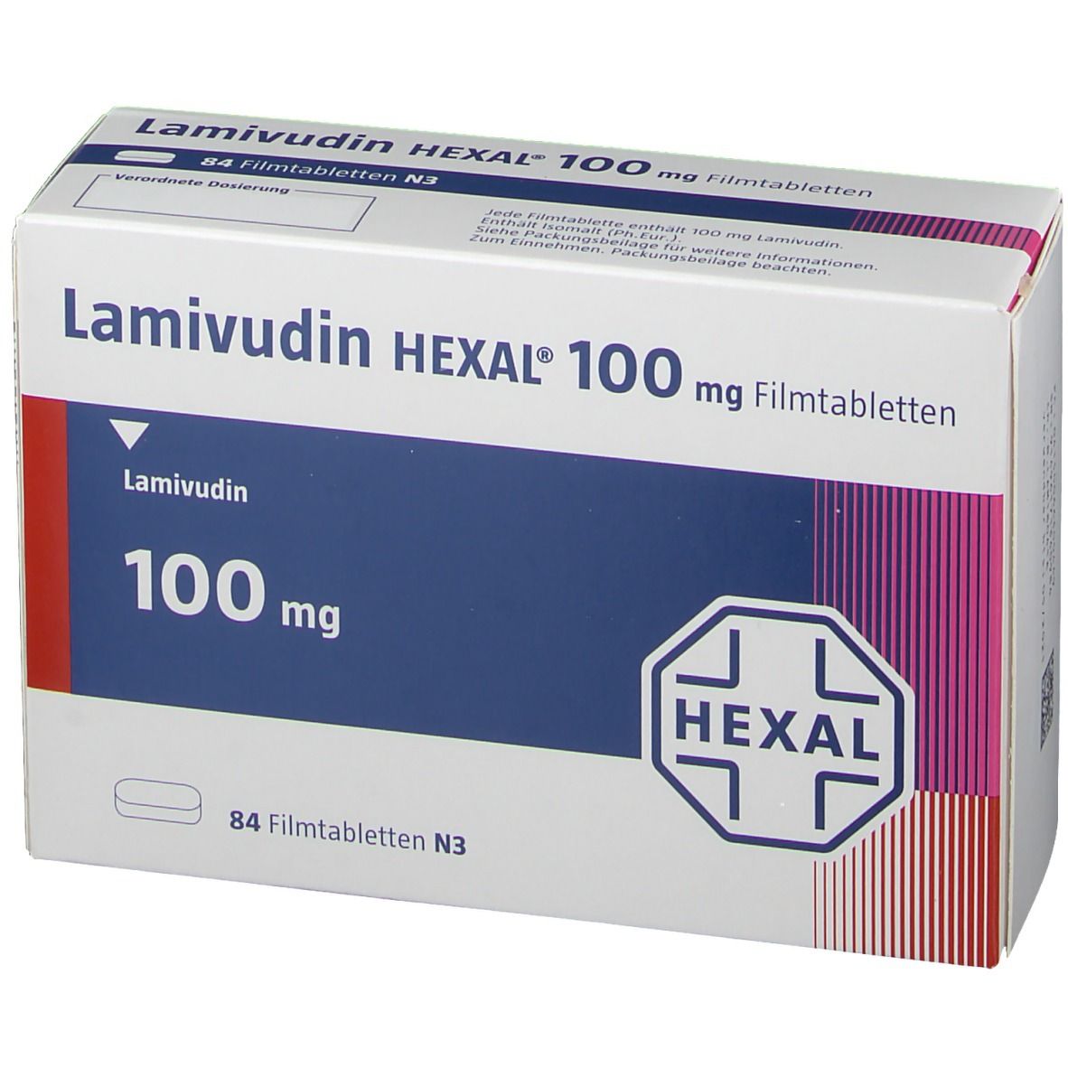 Schachtel mit Lamivudin HEXAL 100 mg Filmtabletten. Weiß, blau und rot. Aufschrift: Lamivudin HEXAL 100 mg Filmtabletten, HEXAL Logo, 84 Filmtabletten N3.
