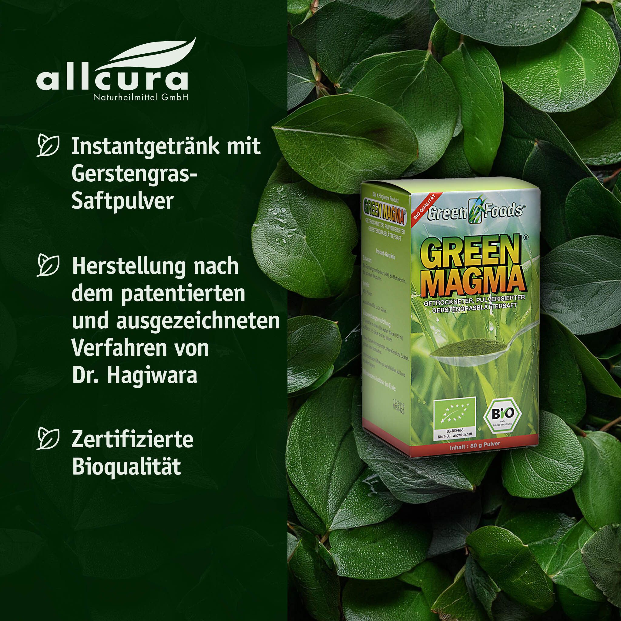 Produktverpackung vor Blättern. Text: Instantgetränk, Herstellung nach Dr. Hagiwara, zertifizierte Bioqualität.